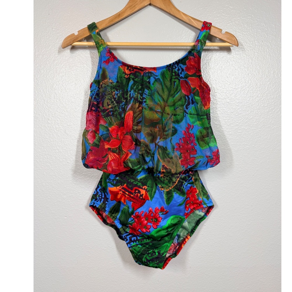 Roxanne‎ One Piece Swimsuit Women 10/32C Floral Blouson Underwire Vintage
